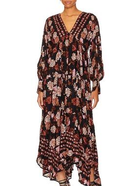 Free People Rows of Roses Maxi Dress | Black Floral Tiered V-Neck